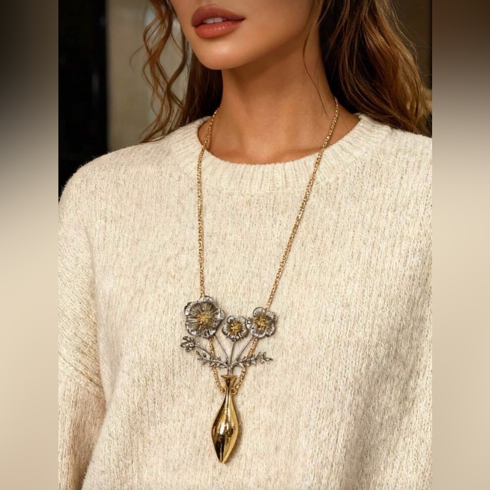 Flower Vase Gold & Silver Necklace Oversized Botanical Long Boho Jewelry NEW